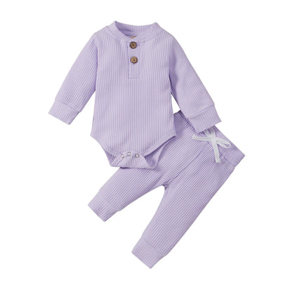 Infant Newborn Baby Girl Boy Spring Autumn Ribbed/Plaid Solid Clothes Sets Long Sleeve Bodysuits + Elastic Pants 2Pcs Outfits