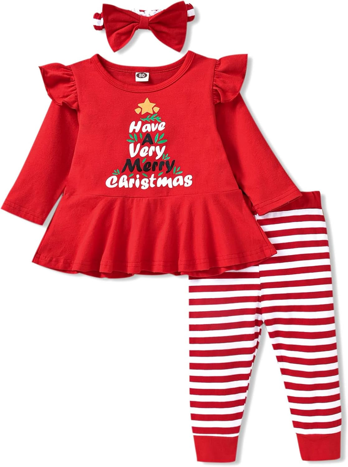 Toddler Baby Girls Christmas Outfit Santa Claus Print Tunic Dress Top Pants Headband 3PC Xmas Clothes Set