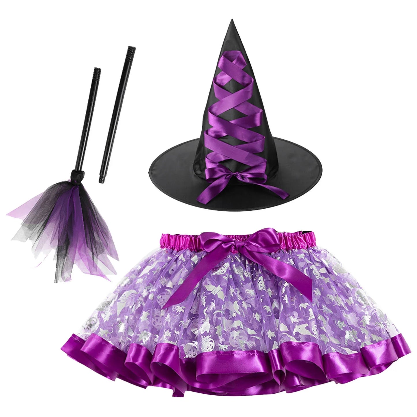 Baby Clothes 2024 Wizard Hat Adult Carnival Children  Tutu Broom Three-Piece Set  Headband Purple M